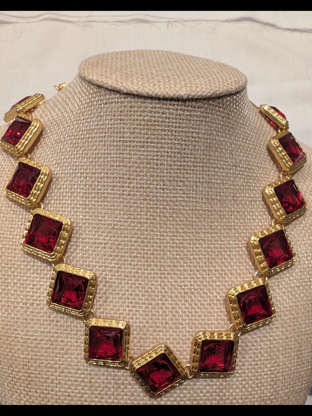 Catwalk Jon Gold-Tone Necklace with Deep Red Square Stones